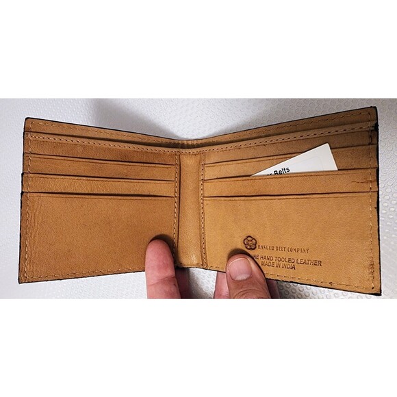Mens Tan Leather Bi-fold Wallet Floral Tooled by Ranger Belt Company C1301B - Picture 6 of 9